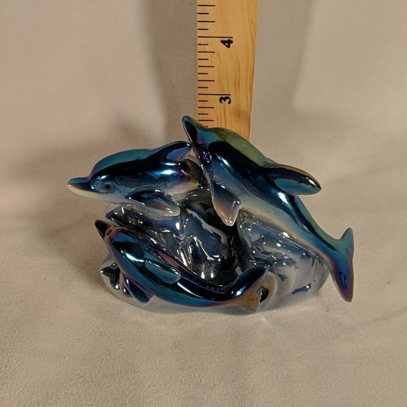 Vintage 3 Dolphin Figurine Sculpture Decor Iridescent Dolphins Waves Collectible - Picture 11 of 12